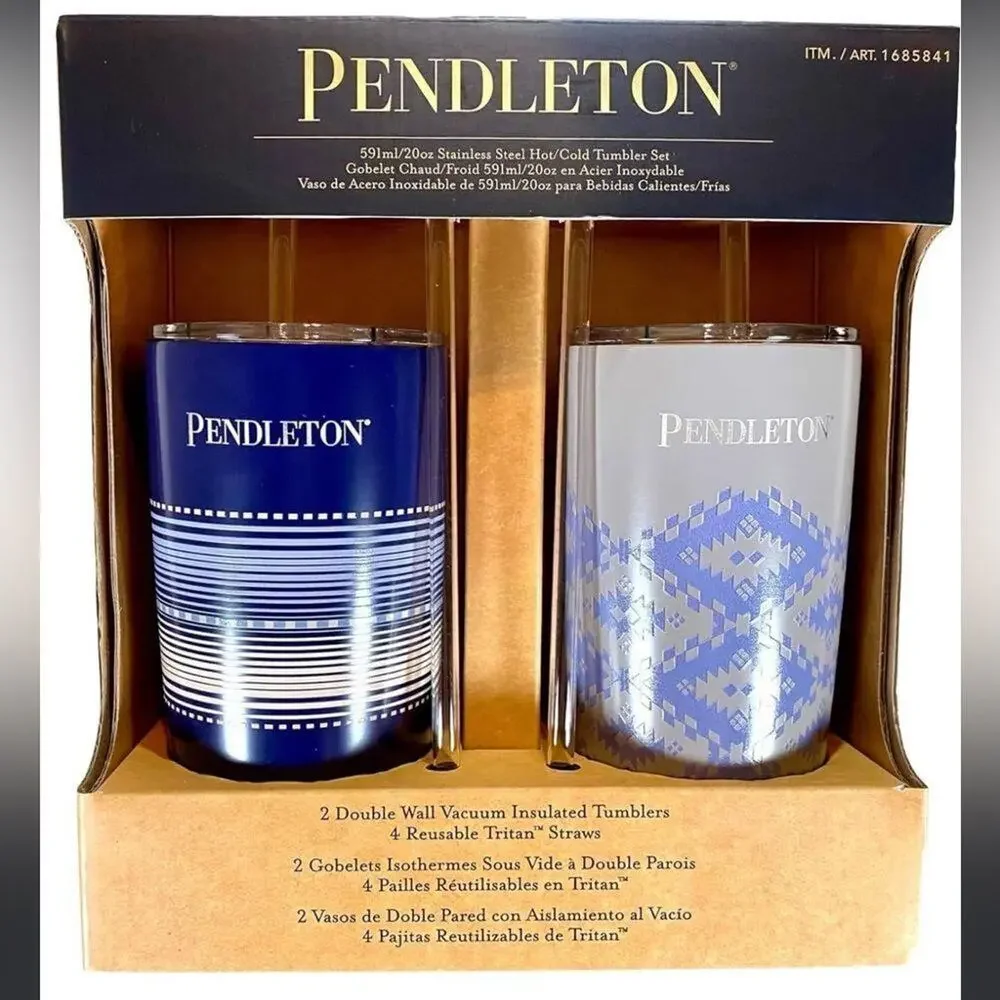 PENDLETON Patterned 20oz Stainless Steel Hot/Cold Tumbler Set (Blue & Gray)